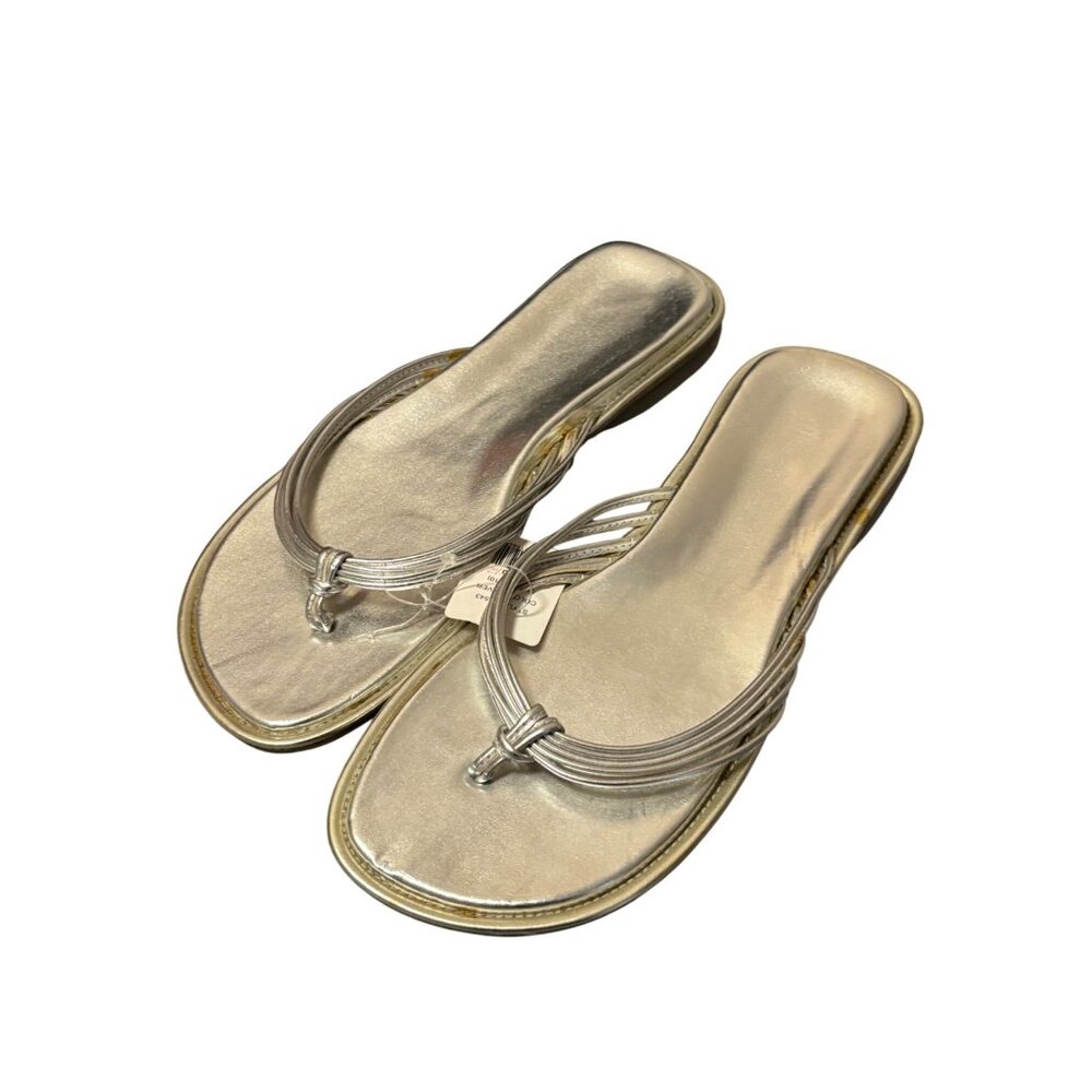 Silver Slip On Open Toe Thong Sandals Sz 9-10  Flats Metallic Straps Summer NWT